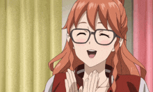 a girl with red hair and glasses is smiling with her mouth open