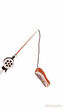 a drawing of a fishing rod with a piece of meat hanging from it