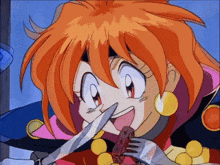 a girl with orange hair is holding a knife and fork