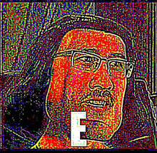 a colorful painting of a man wearing glasses and a hat with the letter e in the corner .