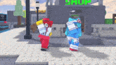 a person in a video game standing in front of a shop