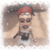 a girl in a pirate costume is standing in a room with a white lace frame around her .