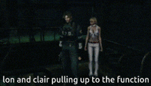 a man and a woman standing next to each other with the words lon and clair pulling up to the function below them