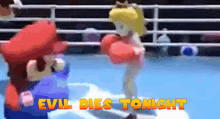 mario and princess peach are fighting in a boxing ring and the words evil dies tonight are on the screen