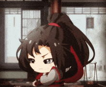 a cartoon character with long black hair and a red ponytail looks angry
