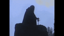 a silhouette of a person holding a sword in front of a tree