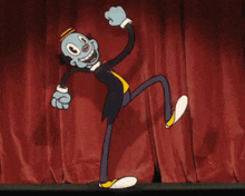 a cartoon character is dancing on a stage with a red curtain in the background