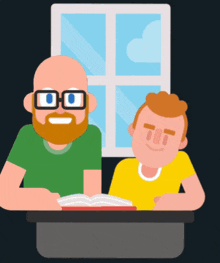 a man with glasses and a beard sits next to a boy