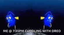 two blue fish are hugging each other in a dark room .