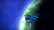 a person in a blue suit is flying through the air near the earth