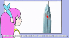a cartoon of a girl with pink hair looking at a building