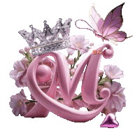 a pink letter m with a crown and flowers