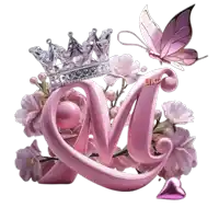 a pink letter m with a crown and flowers