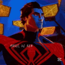 a painting of a man with a blue face and the name miguel de ren on the bottom