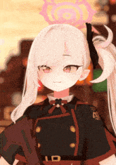 a girl with white hair is holding a gun and wearing a uniform with the letter d on it