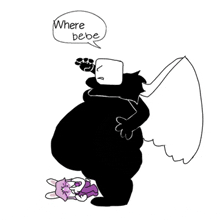 a black and white drawing of a cartoon character with wings and a speech bubble that says where bebe .