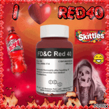 a bottle of fd & c red 40 sits on a red background