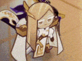 a cartoon character with long blonde hair and a white robe is standing on a table .