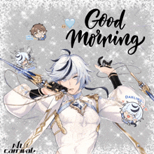 a poster that says good morning with a cartoon character on it