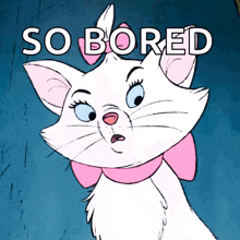 a white cat with a pink bow around its neck and the words so bored above it