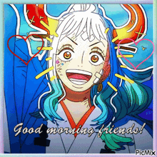 a picture of a girl with horns and the words good morning friends on the bottom
