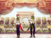 two anime characters are standing on a stage holding hands and dancing .