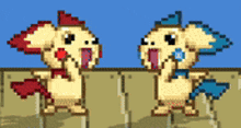 two pixel art animals are standing next to each other on a wall