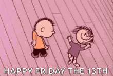a cartoon of a boy and a girl laying on a wooden floor with the words happy friday the 13th below them