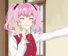 a girl with pink hair and pigtails is smiling with her eyes closed