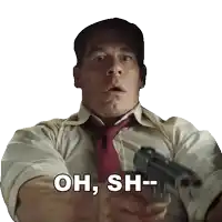 a man in a white shirt and red tie is pointing a gun at the camera and says oh sh-
