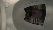 a woman is sitting in a toilet with a pink balloon in the bowl .