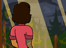 a cartoon of a woman in a pink shirt standing in the woods