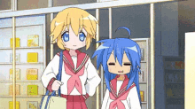two anime girls standing next to each other in front of bookshelves