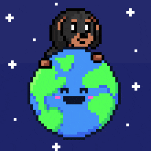 a pixel art of a dog on top of a globe