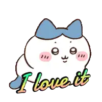 a cartoon cat with a blue bow and the words i love it
