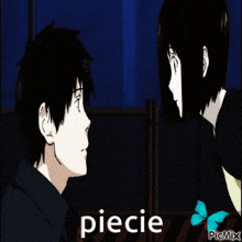 a man and a woman are looking at each other and the word piece is on the bottom of the image