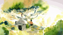 a painting of a tree and a hut with the words benvenuti oh alright