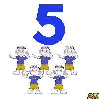 a group of monkeys are standing in front of a blue number five