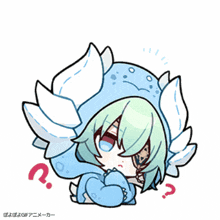 a cartoon drawing of a girl with wings and a question mark above her head