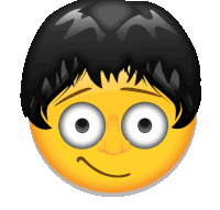 a smiley face with black hair and white eyes looks like harry potter