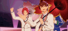 a group of anime characters holding umbrellas on a stage .