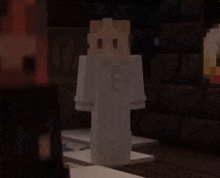 a minecraft character is standing in a dark room with a white robe on .