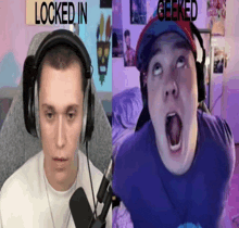 a man with headphones and a sign that says locked in on it
