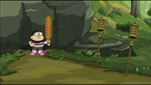 a cartoon character holding a sandwich and a torch with the letter e on it