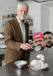 a man in a brown suit sprinkles sugar on a donut