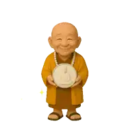 a cartoon monk is holding a statue of buddha