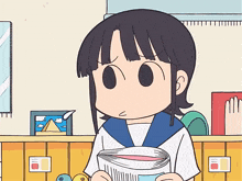 a cartoon of a girl holding a book with a picture of a pyramid in the background