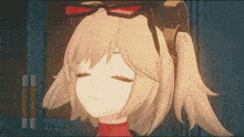 a close up of a girl 's face with her eyes closed and her hair in a ponytail