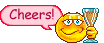 a pixel art of a smiley face holding a glass of champagne and a speech bubble that says cheers .