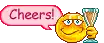 a pixel art of a smiley face holding a glass of champagne and a speech bubble that says cheers .